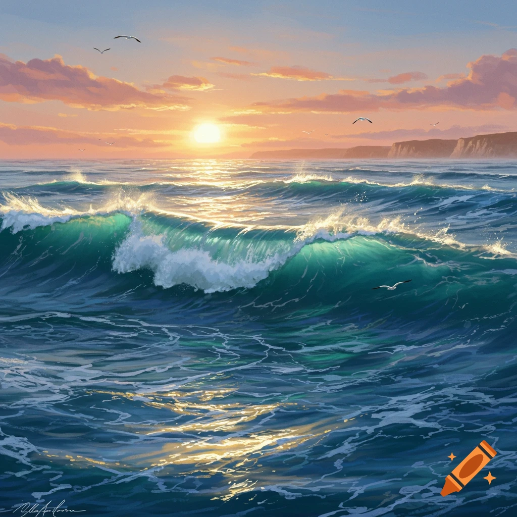Vibrant painting of large green ocean waves crashing at sunset, with seabirds flying and warm light reflecting on the water.