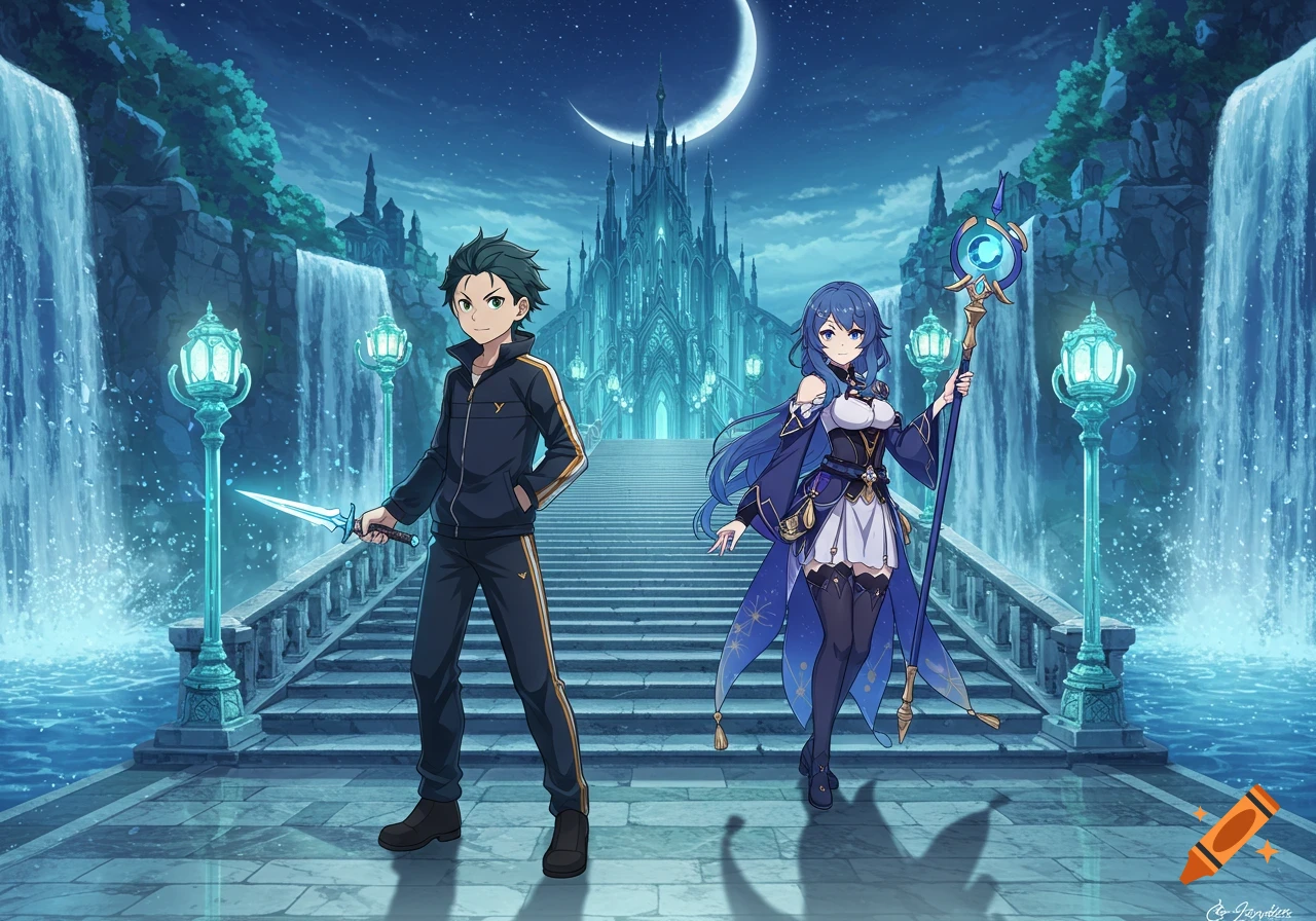 Anime characters Subaru Natsuki and Furina stand on a grand staircase leading to a luminous castle, flanked by waterfalls under a crescent moon.