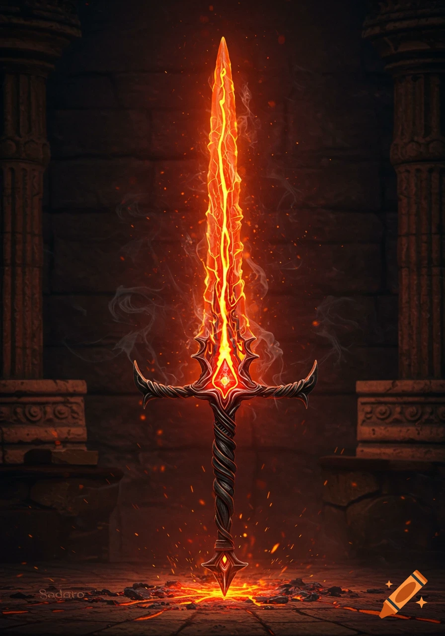 A glowing, fiery fantasy sword stands upright in a dark stone chamber, with embers and smoke rising from its base.