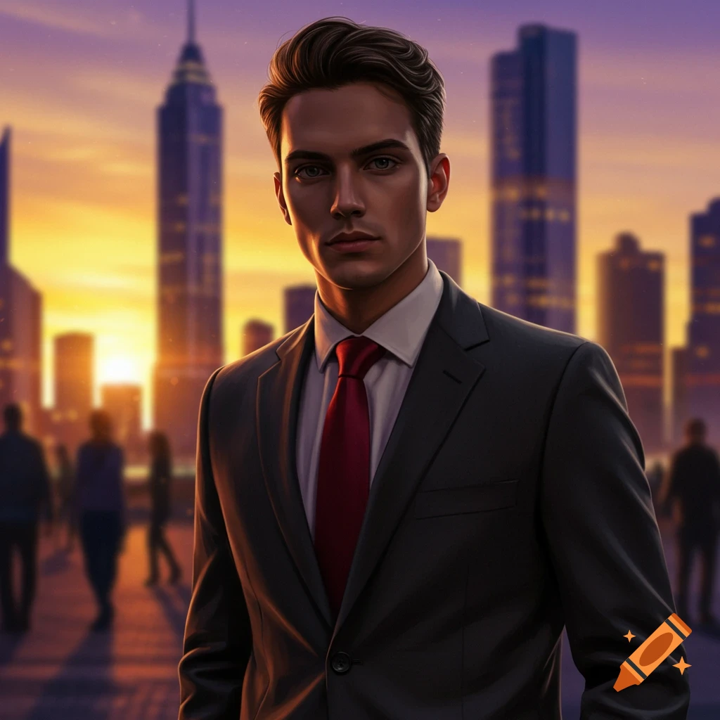 A man in a dark suit and red tie stands in a city at sunset, with blurred skyscrapers behind him.