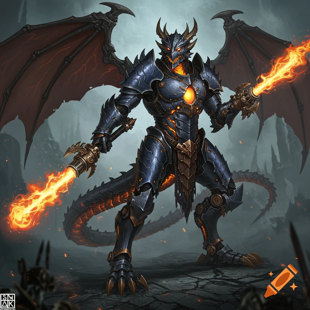 A fearsome dragon-knight in dark cobalt and gold armor with glowing orange accents, holding two fiery swords in a dark, misty fantasy landscape.