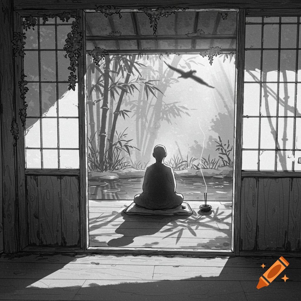 A person meditates on a cushion, viewed from behind, facing a serene traditional Asian garden with bamboo, a pond, and a bird in flight. Black and white ink drawing style.