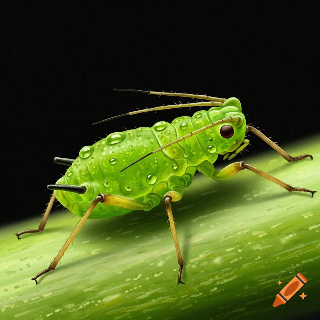 A vibrant green aphid covered in water droplets on a green stem against a black background.