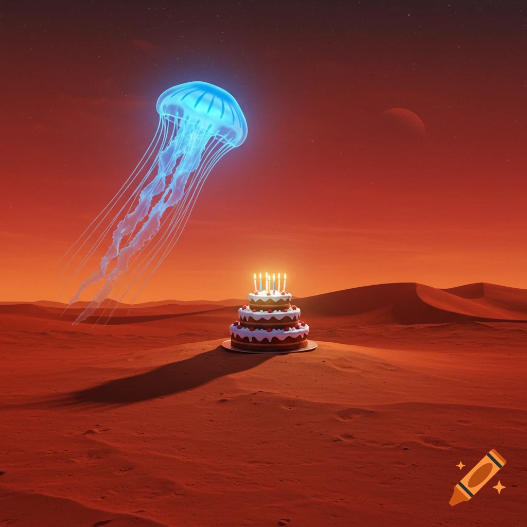 A glowing blue jellyfish floats above a three-tiered birthday cake with lit candles in a red desert landscape under a red sky and distant planet.
