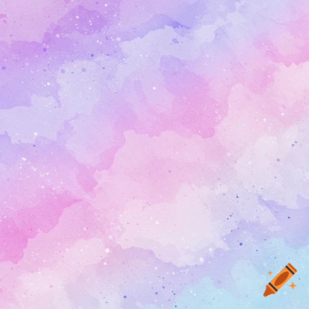 Abstract watercolor background blending lilac, soft pink, pale blue, and white with tiny specks.