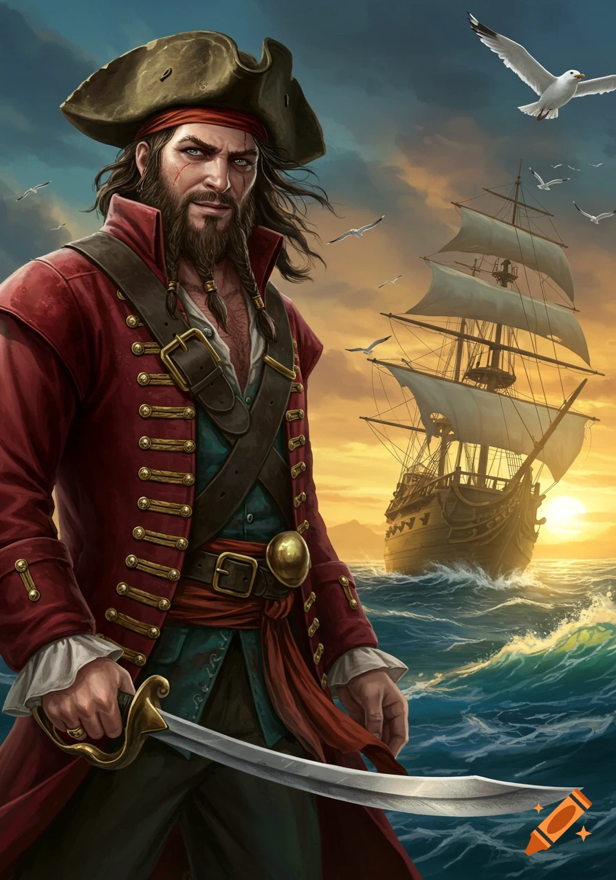 A rugged pirate in a red coat and tricorn hat, holding a cutlass, stands on stormy seas with a sailing ship at sunset.