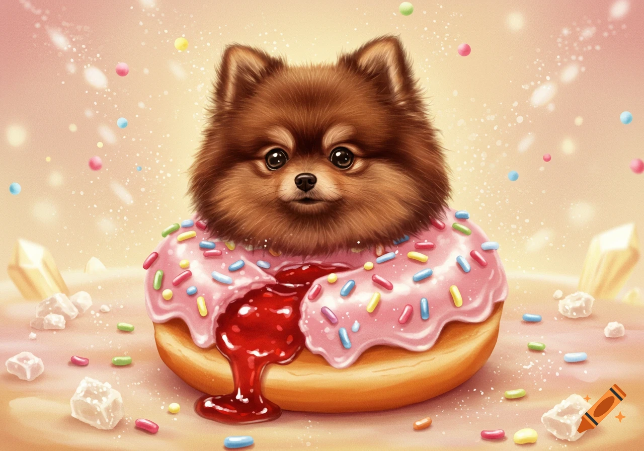 A cute fluffy brown Pomeranian dog sits inside a pink frosted donut with colorful sprinkles and red jam oozing out, on a sparkling pastel background.