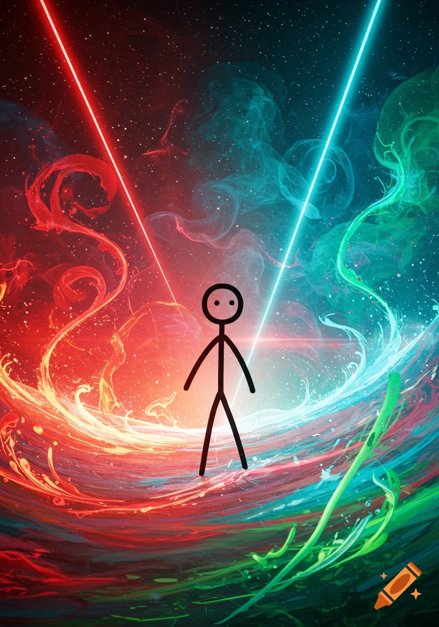A simple black stick figure stands against a vibrant, swirling background of red, blue, and green energy with light beams.