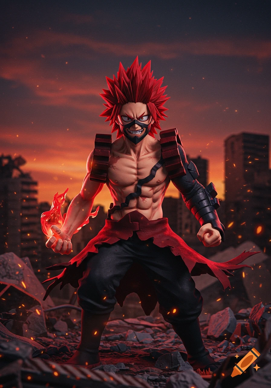 Muscular anime hero with spiky red hair and black mask, glowing hand in a ruined city at sunset.