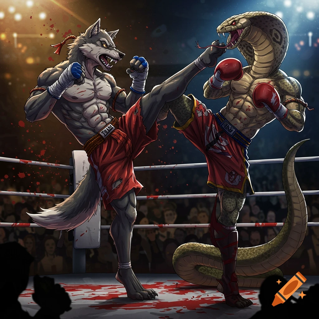 An anthropomorphic wolf and cobra engage in a bloody Muay Thai boxing match within a ring, rendered in an anime style.