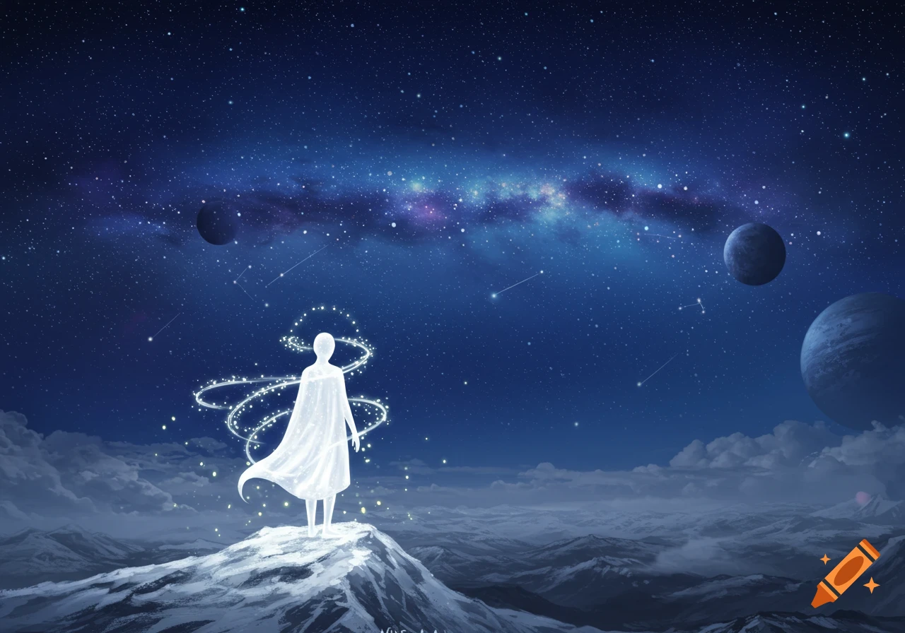 A glowing, cloaked figure stands on a snowy mountain under a vibrant starry night sky with planets and a galaxy.
