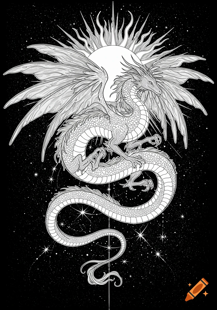 Detailed line art of a winged dragon coiled around a sun, set against a starry night sky.