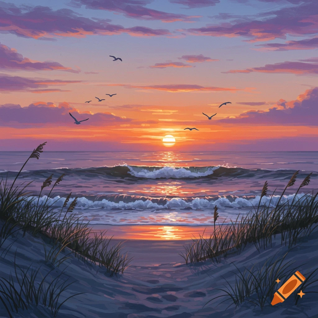 Vibrant sunset over the ocean with waves crashing on a sandy beach, tall beach grass in the foreground, in a digital painting style.