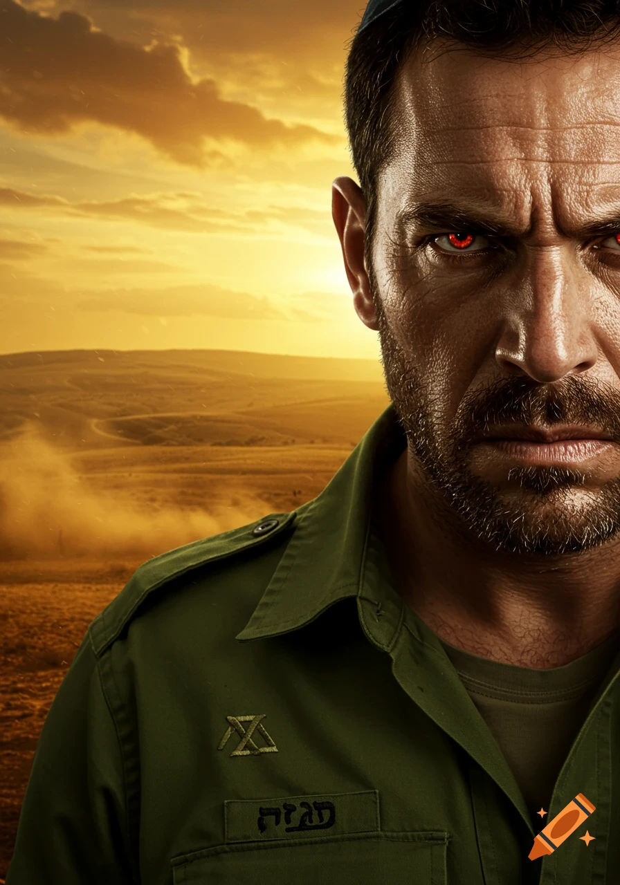 Close-up of an angry man with a beard and glowing red eyes in a green military uniform, against a golden desert sunset.
