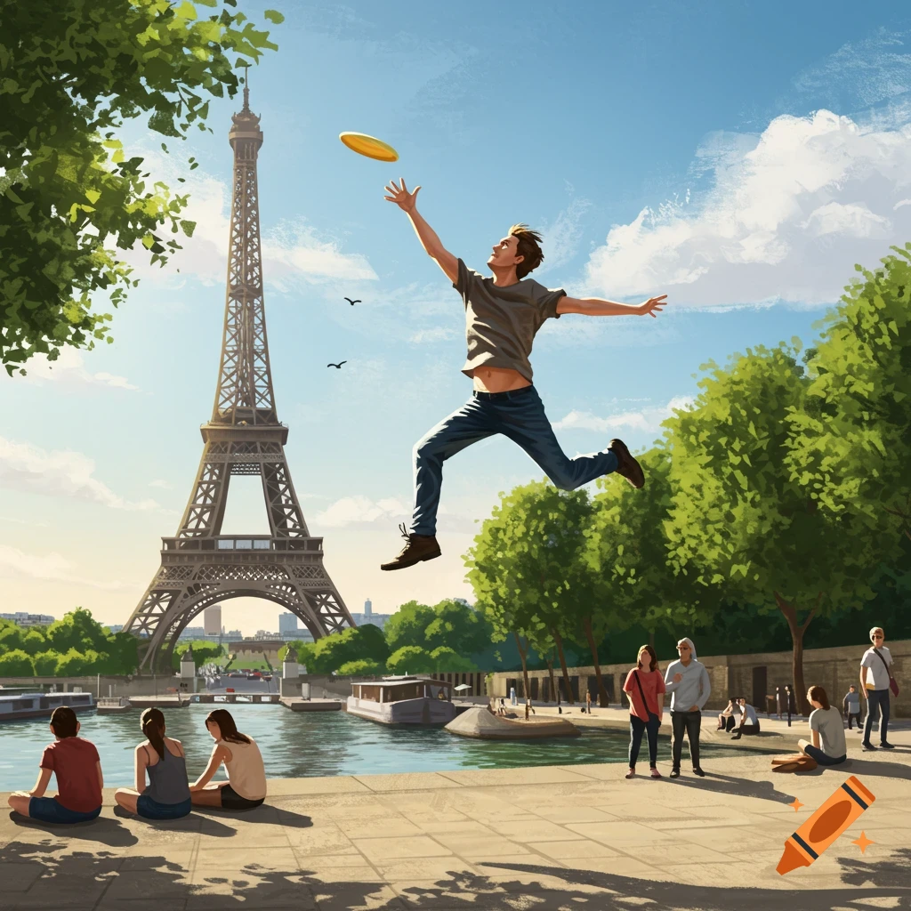 A man leaps to catch a yellow frisbee in a sunny park with the Eiffel Tower and Seine River in the background, people relaxing nearby.