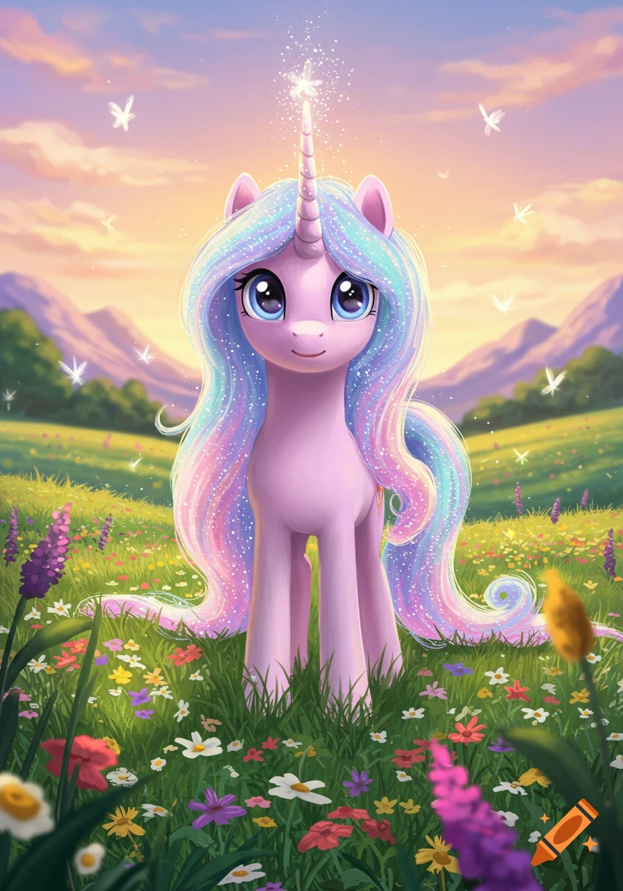 A sparkling pink unicorn with a rainbow mane stands in a vibrant field of wildflowers under a pastel sky.