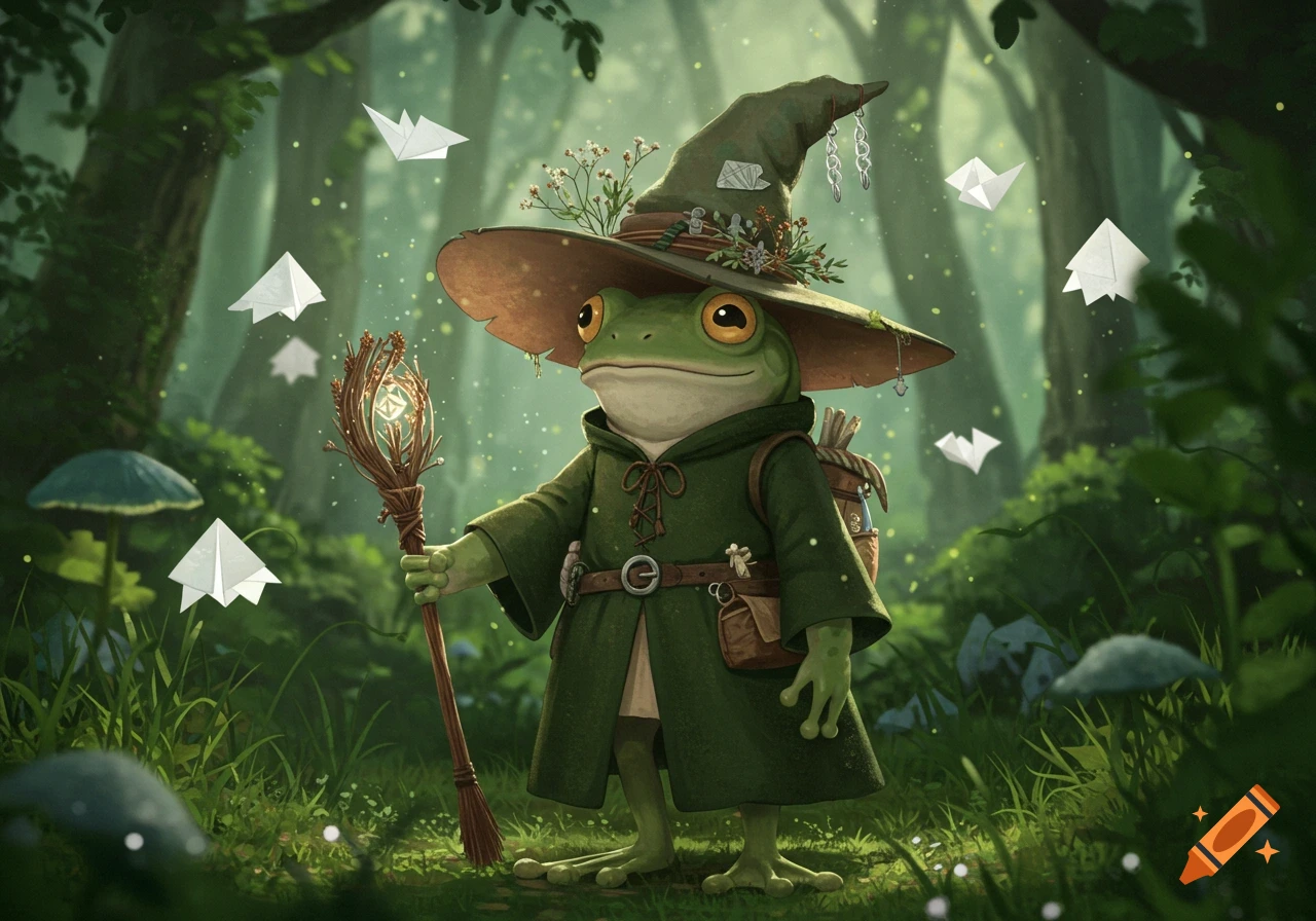 A Ghibli-style frog wizard in a green robe and hat, holding a glowing staff, standing in a magical forest with floating origami.