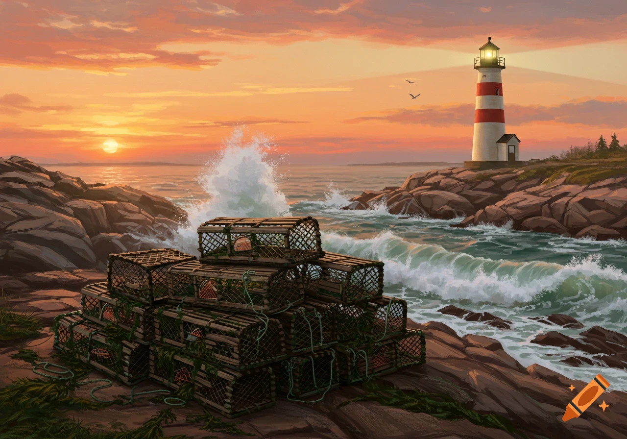 An illustrative painting of a lighthouse and lobster traps on a rocky coast at sunset with crashing waves.