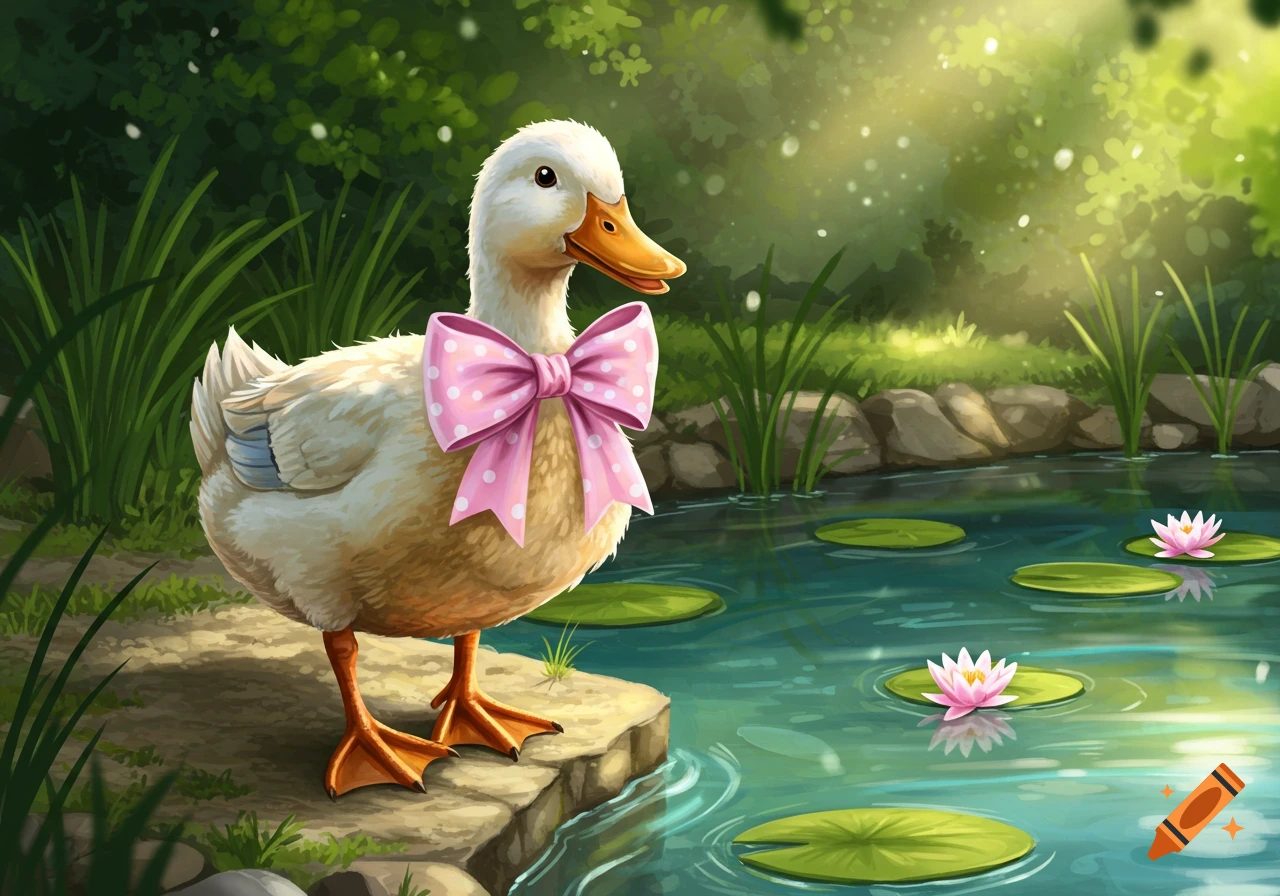 Whimsical illustration of a white duck with a pink polka-dot bow by a pond with lily pads and water lilies.