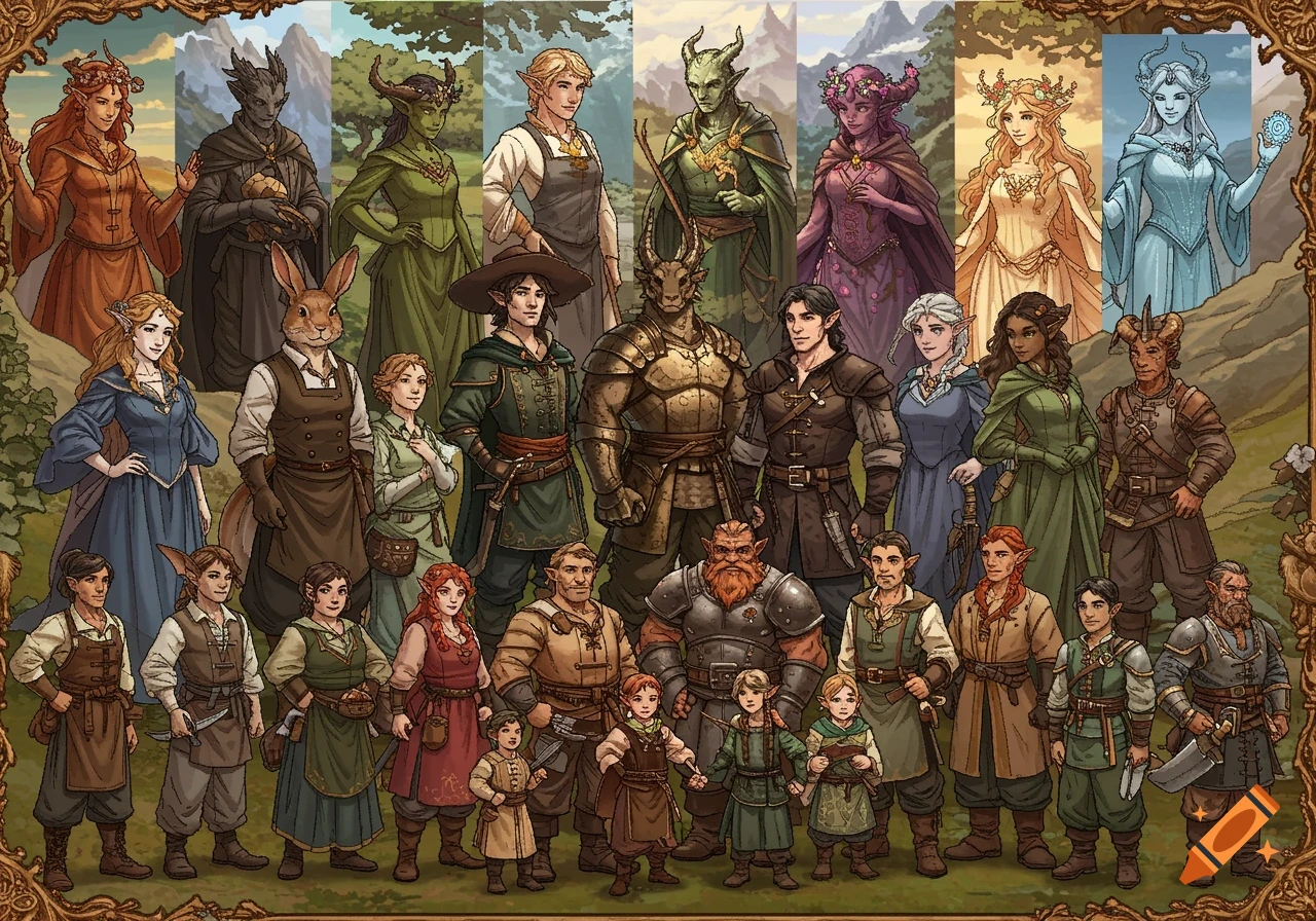 A large group of diverse fantasy characters, including humans, elves, dwarves, and animal-folk, stand in an outdoors setting. Detailed illustration style.