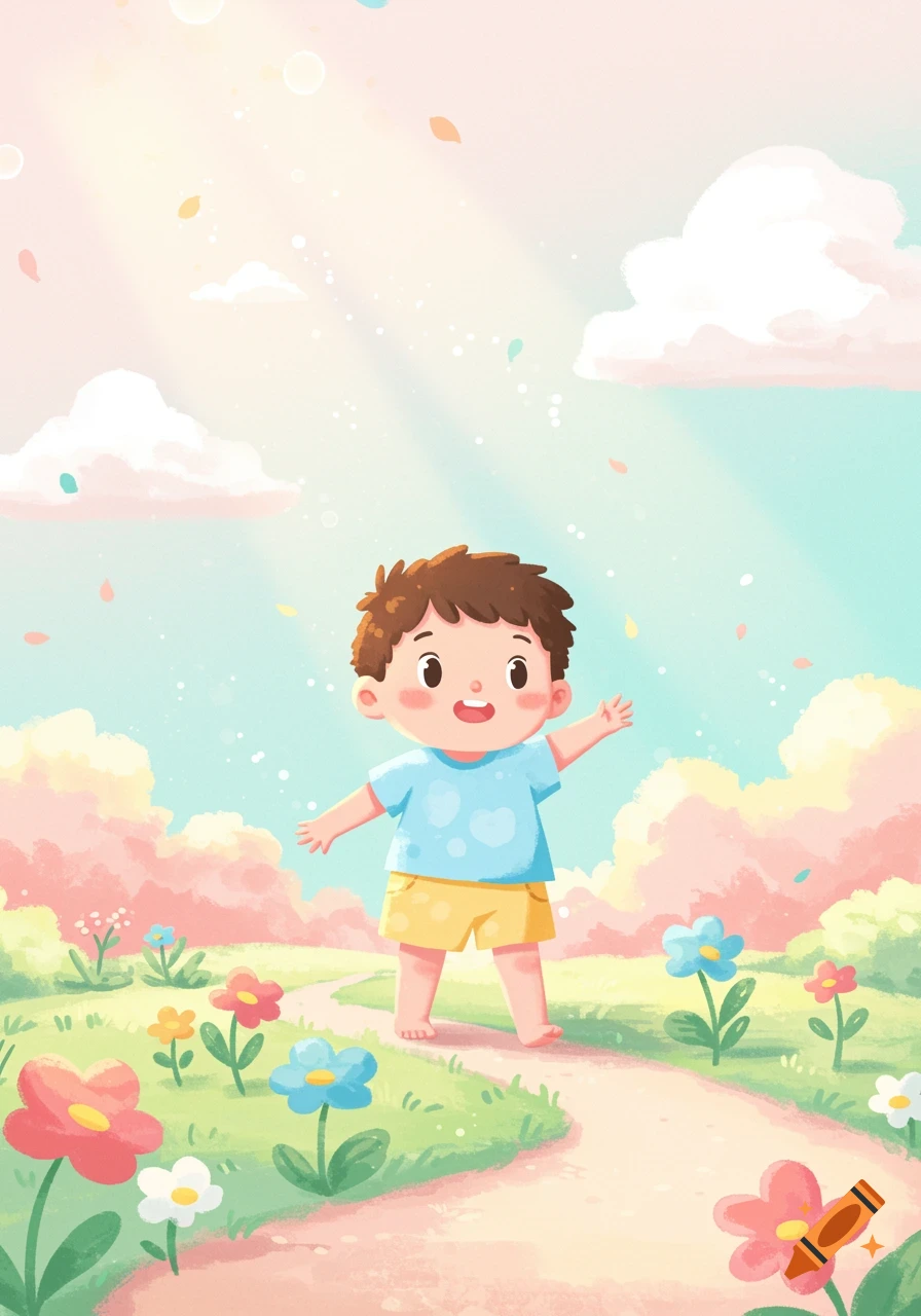 Cartoon illustration of a happy barefoot boy walking on a path surrounded by colorful flowers under a bright sky with clouds.