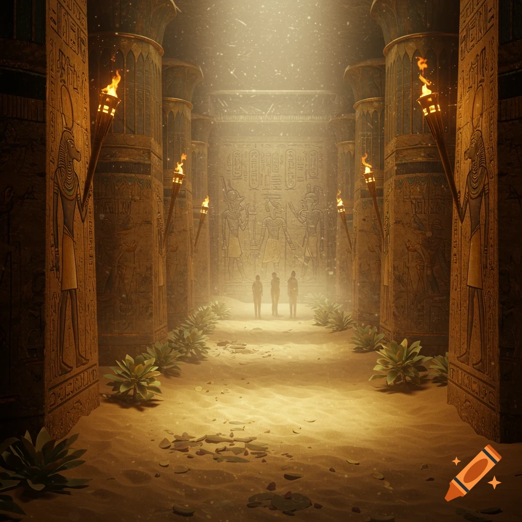Three figures stand in a dimly lit ancient Egyptian temple corridor, illuminated by torches and sunlight, with hieroglyphics on pillars and walls.