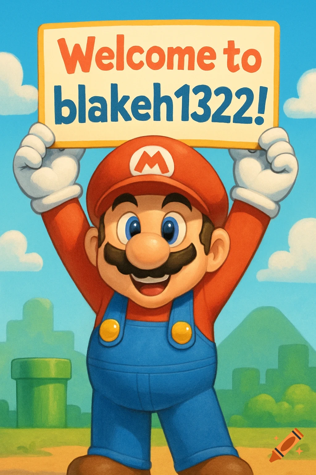 Cartoon Mario holding a 'Welcome to blakeh1322!' sign against a bright blue sky and green landscape.