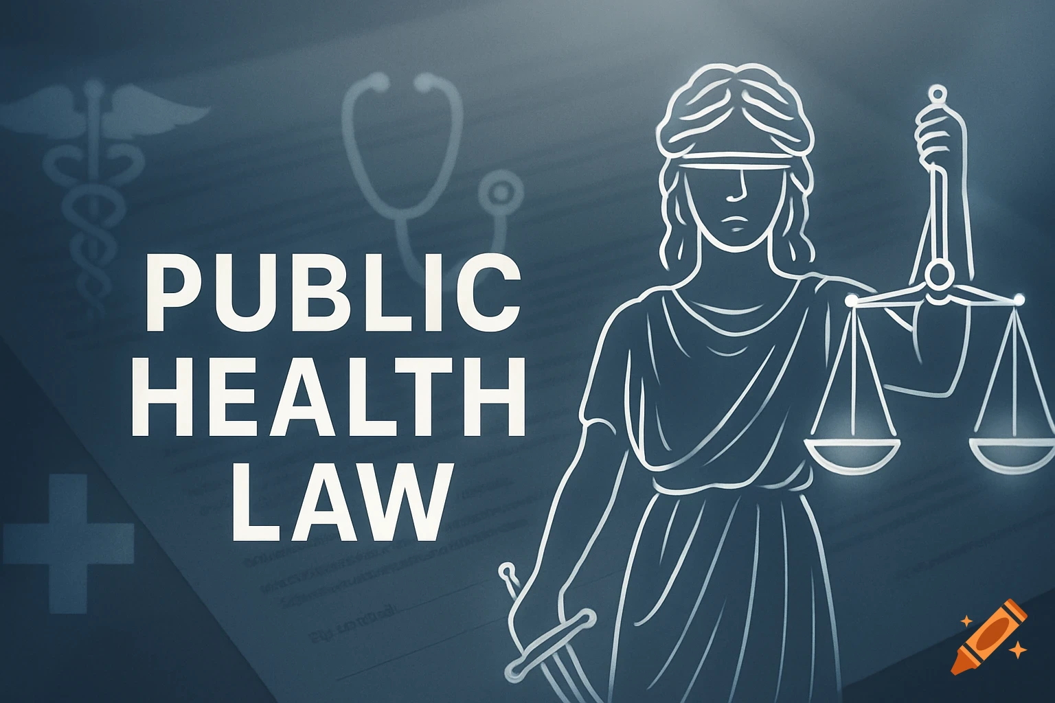 Graphic design with 'PUBLIC HEALTH LAW' text, Lady Justice, caduceus, stethoscope, and medical cross on a dark blue background.