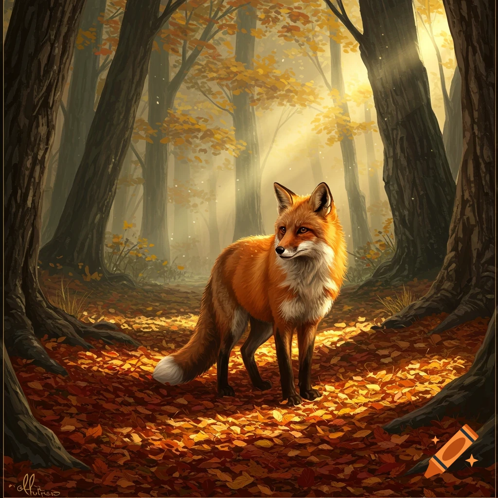 A red fox stands on a ground covered in autumn leaves in a sunlit forest.