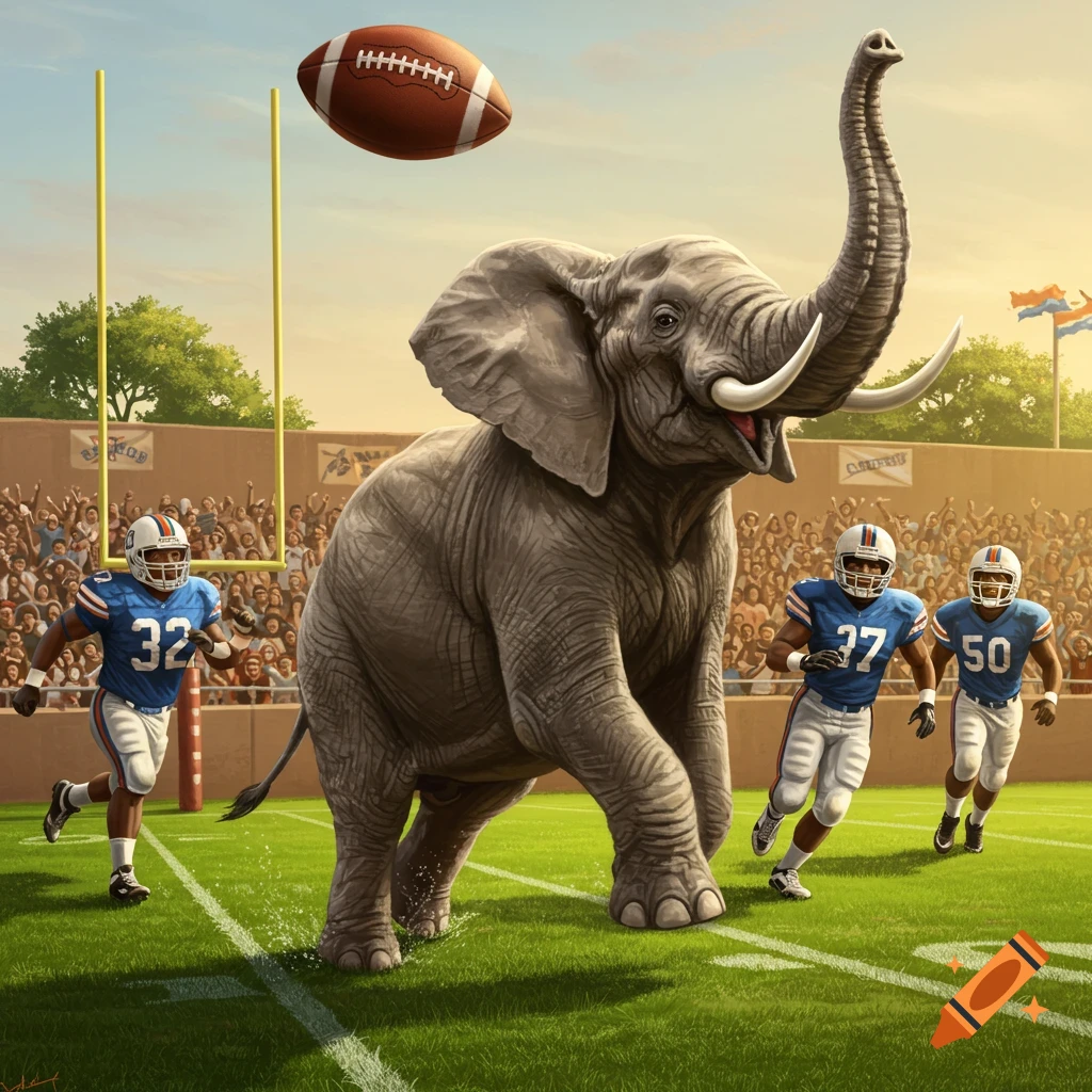 A large elephant runs on a football field with human players, a football in the air, and a crowd in the background.
