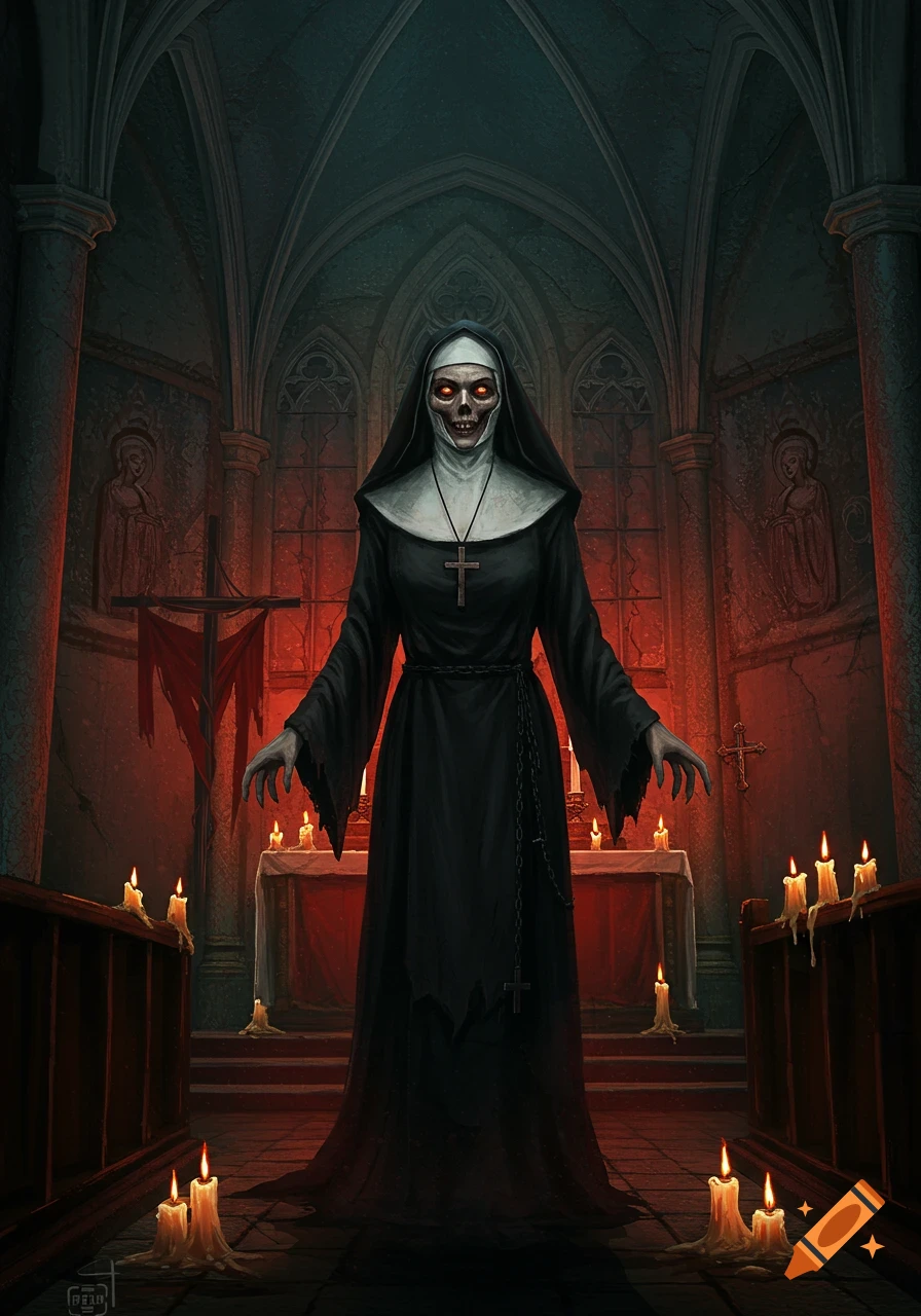 A ghoulish nun with a skeletal face and glowing red eyes stands in a dark, candlelit gothic church.