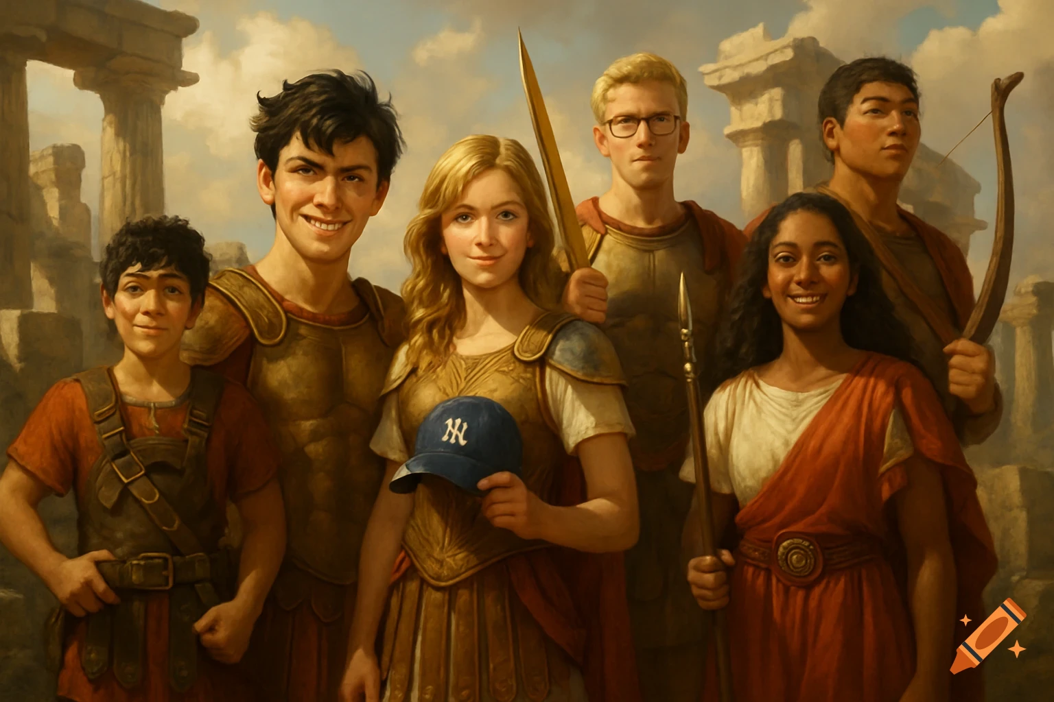 Six diverse teenagers in ancient Roman/Greek attire and armor stand smiling among ruins, one holding a navy blue baseball cap.