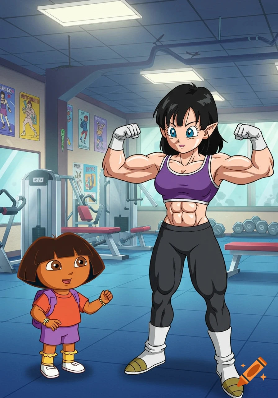 Muscular Videl from Dragon Ball Z flexing in a gym while Dora the Explorer looks on in a cartoon style.