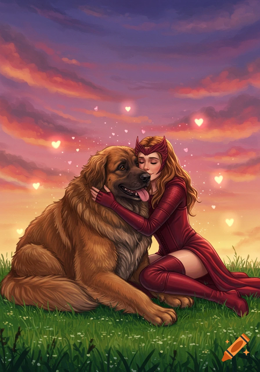 Illustration of Scarlet Witch hugging a large brown dog in a grassy field at sunset with glowing heart shapes.