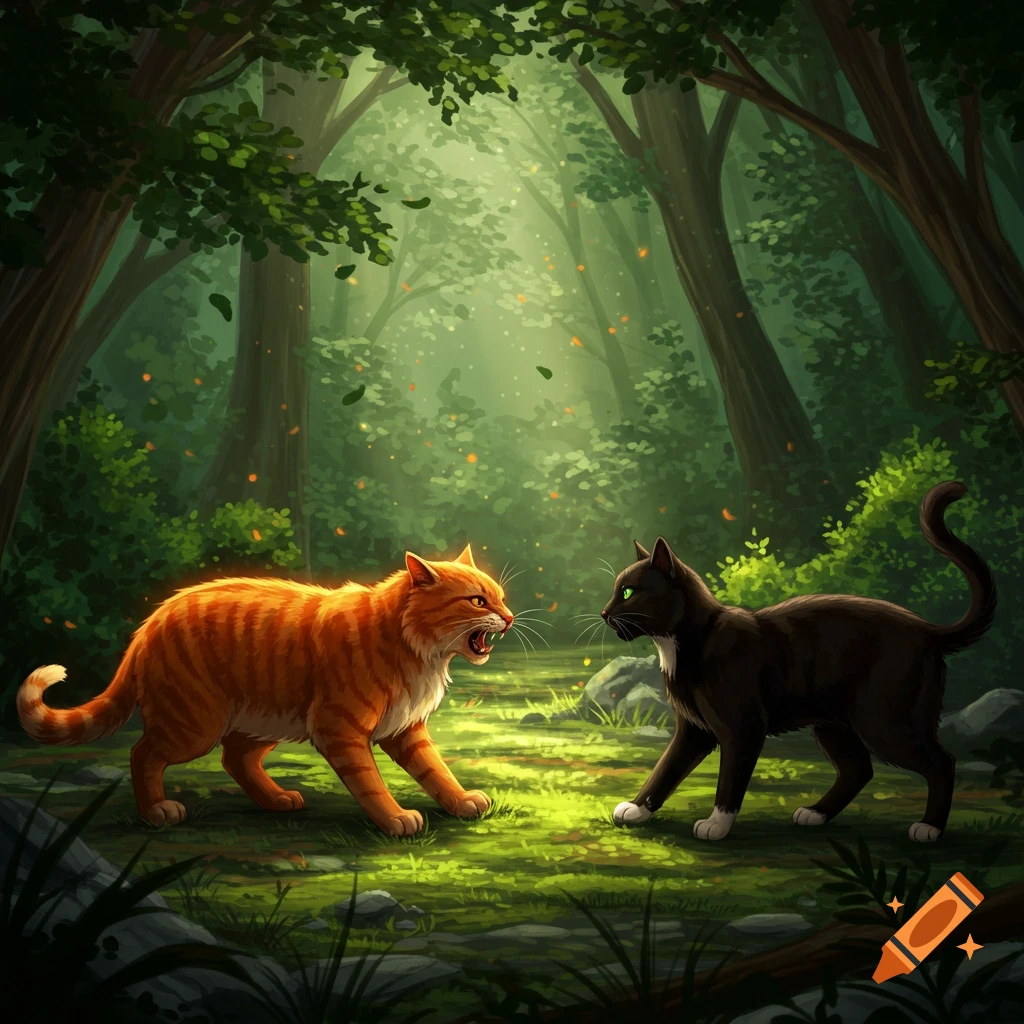 An orange cat hissing at a black cat with green eyes in a lush, sun-dappled forest, in a stylized illustration.
