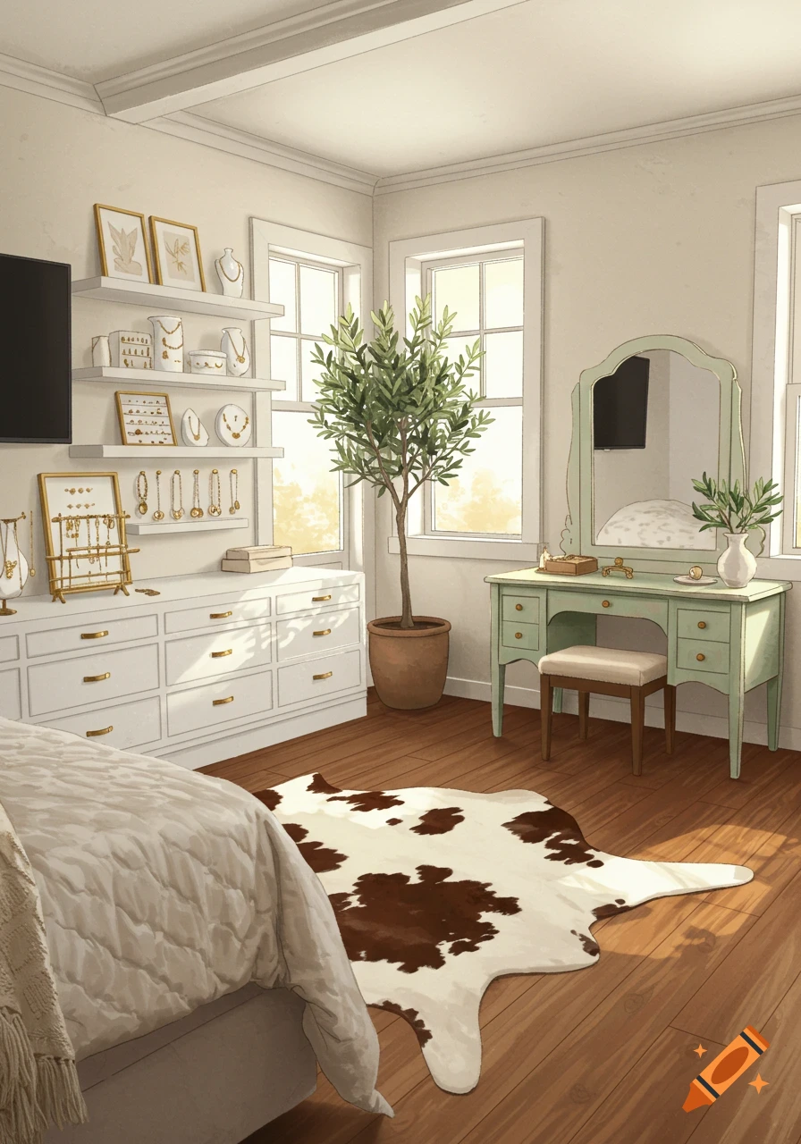 A stylish bedroom with a bed, white dresser, mint green vanity, an olive tree, and a cowhide rug on a wooden floor.