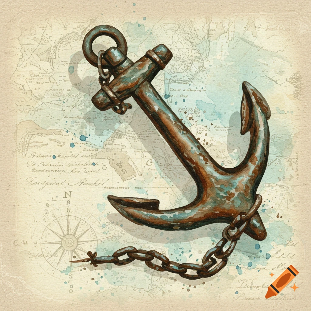 A vintage, rusty anchor with a chain lies on an old watercolor map with a compass rose and script.