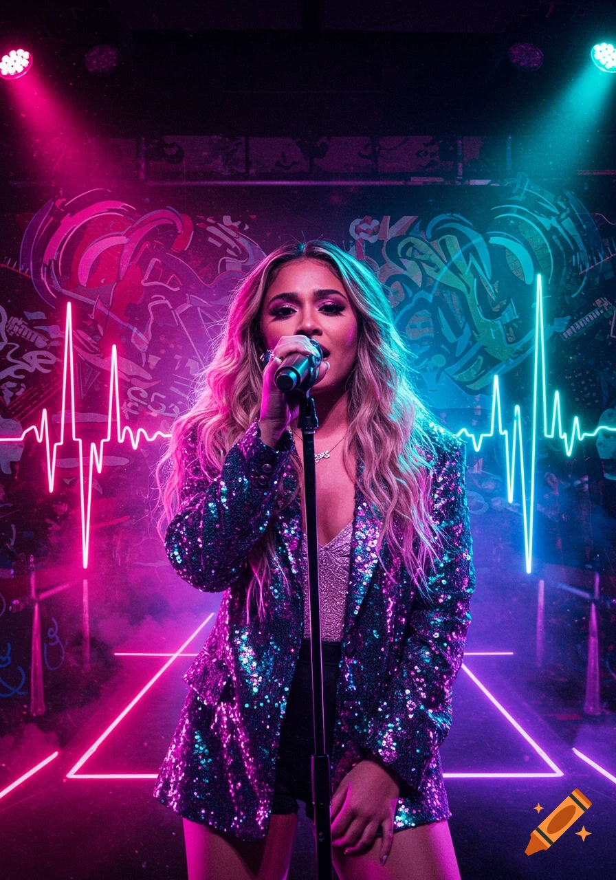 A female singer in a sequined jacket sings into a microphone on a stage lit with vibrant pink and blue neon lights.