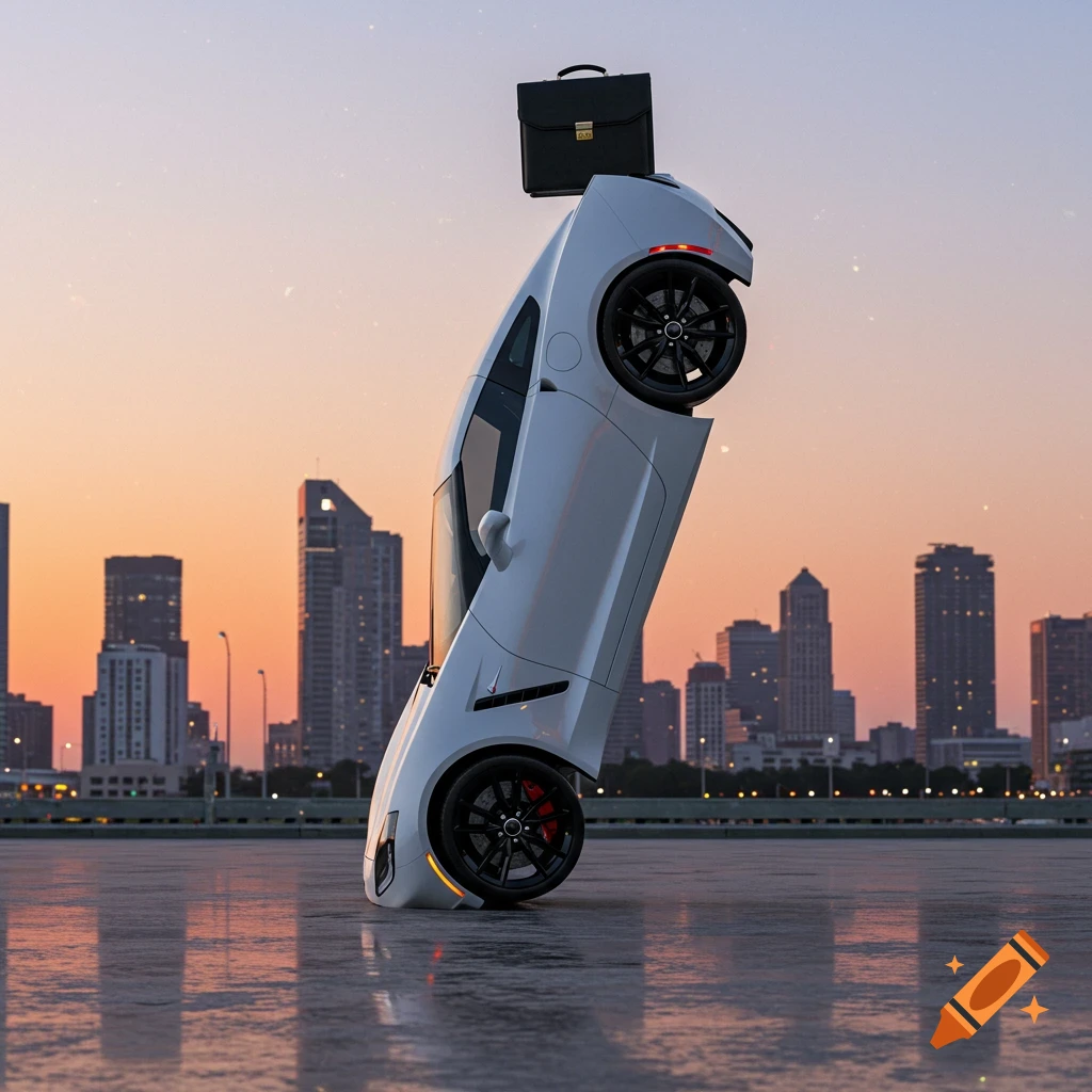 Photorealistic image of a white sports car standing upright on its rear wheels, with a black briefcase on top, against a city skyline at sunset.