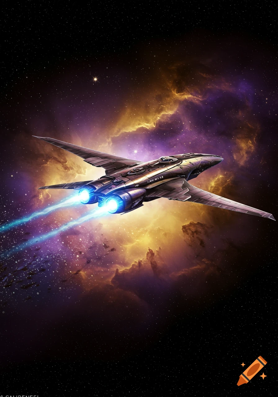 A sleek, futuristic spaceship with glowing blue thrusters flies through a purple and gold nebula in deep space.