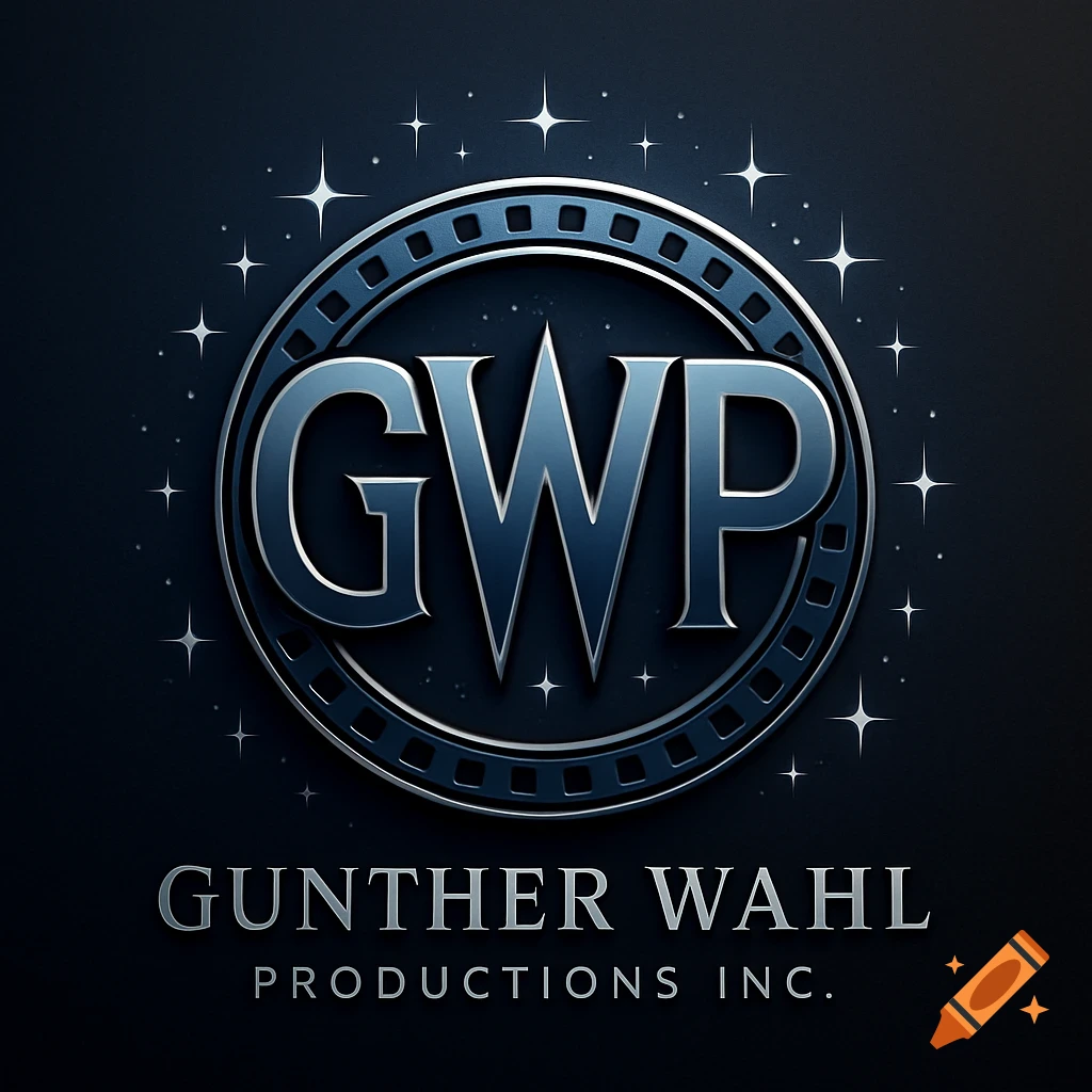 Metallic dark blue logo with 'GWP' and a film reel motif, 'Gunther Wahl Productions Inc.' below, on a starry background.