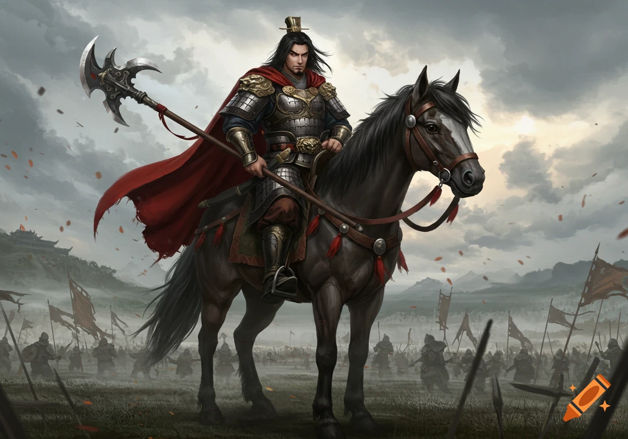 An armored ancient Chinese warrior on a horse with a halberd, leading an army on a battlefield under a cloudy sky.