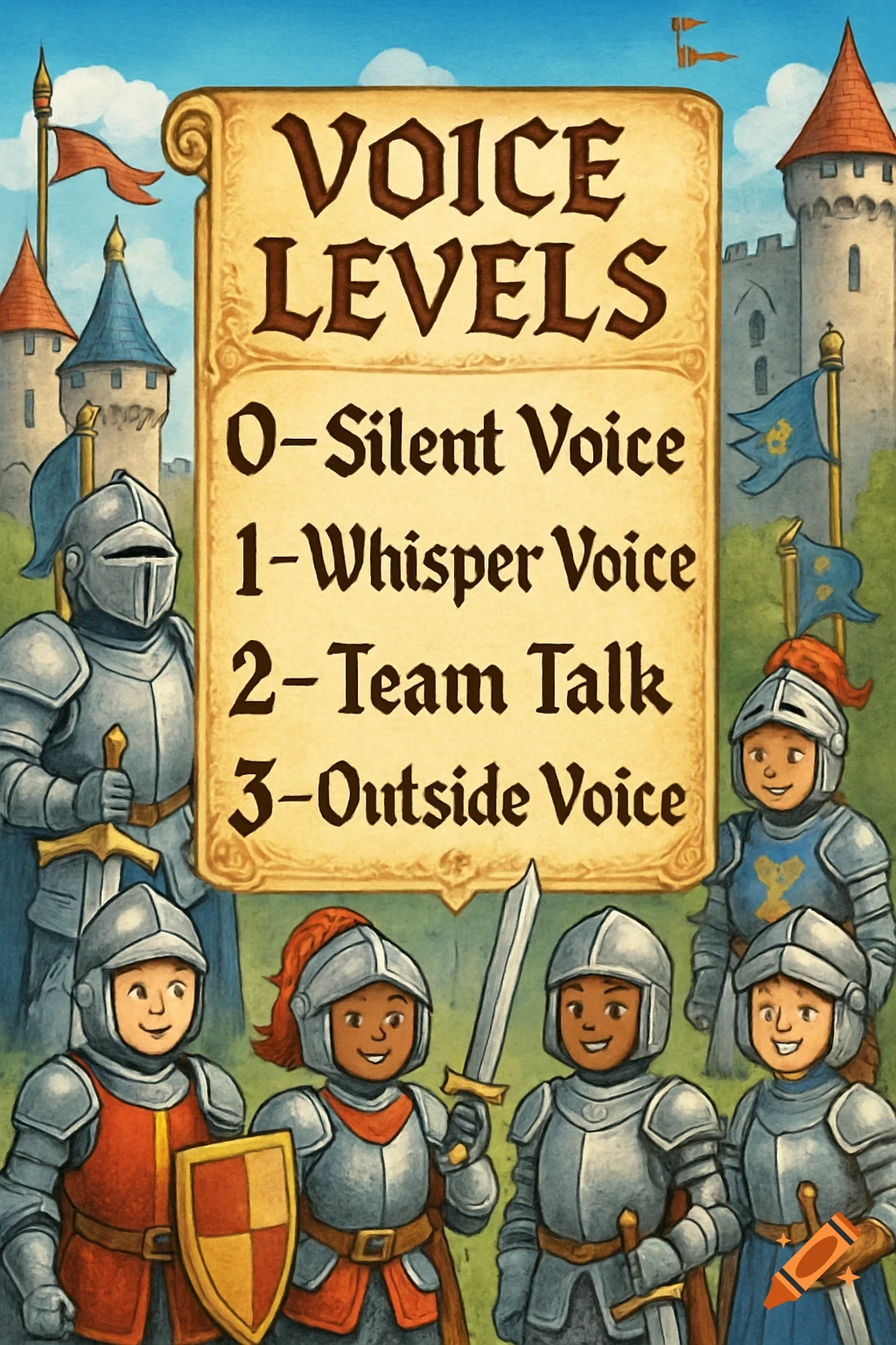 A vibrant medieval-themed educational poster showing cartoon knights around a scroll with 'Voice Levels' instructions.