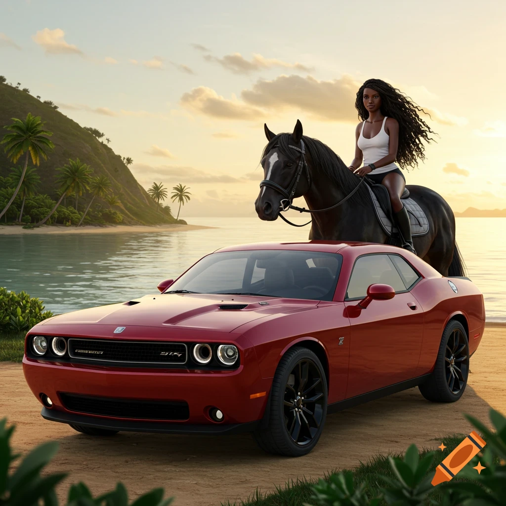A black woman with long hair rides a black horse next to a red Dodge Challenger on a sandy tropical beach at sunset.