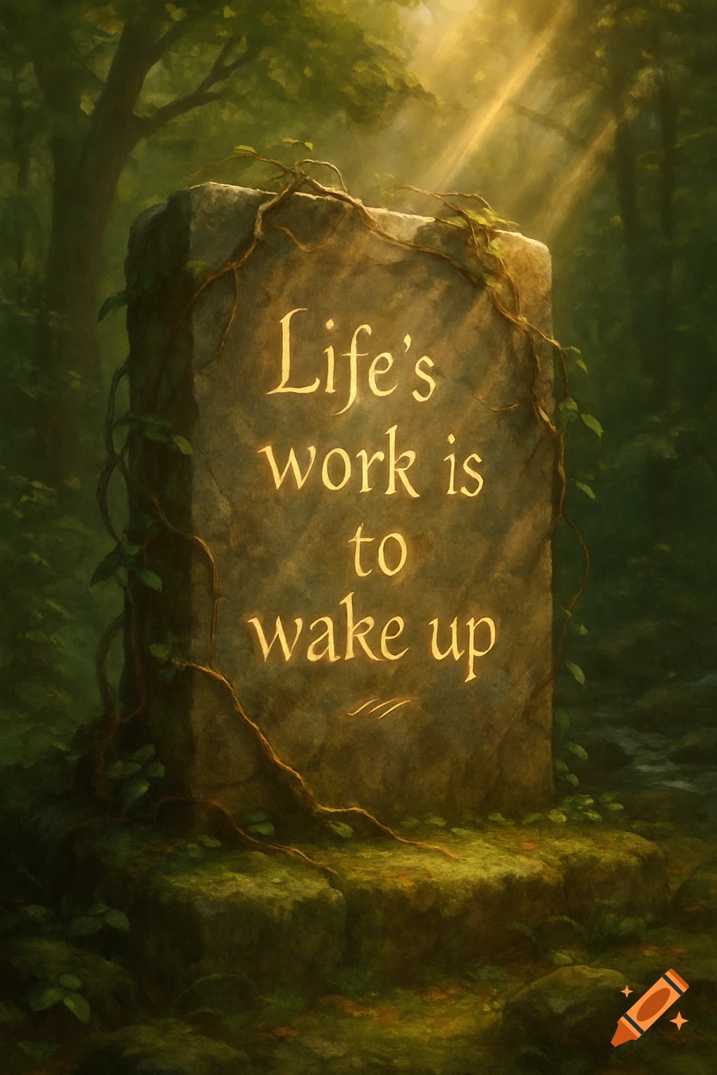 A mystical stone tablet inscribed with 'Life's work is to wake up' in a sunlit forest.