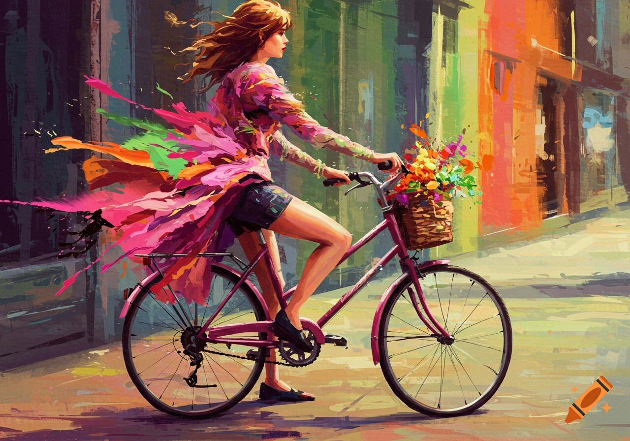 Vibrant abstract painting of a woman riding a bicycle, with her dress flowing into colorful paint strokes.