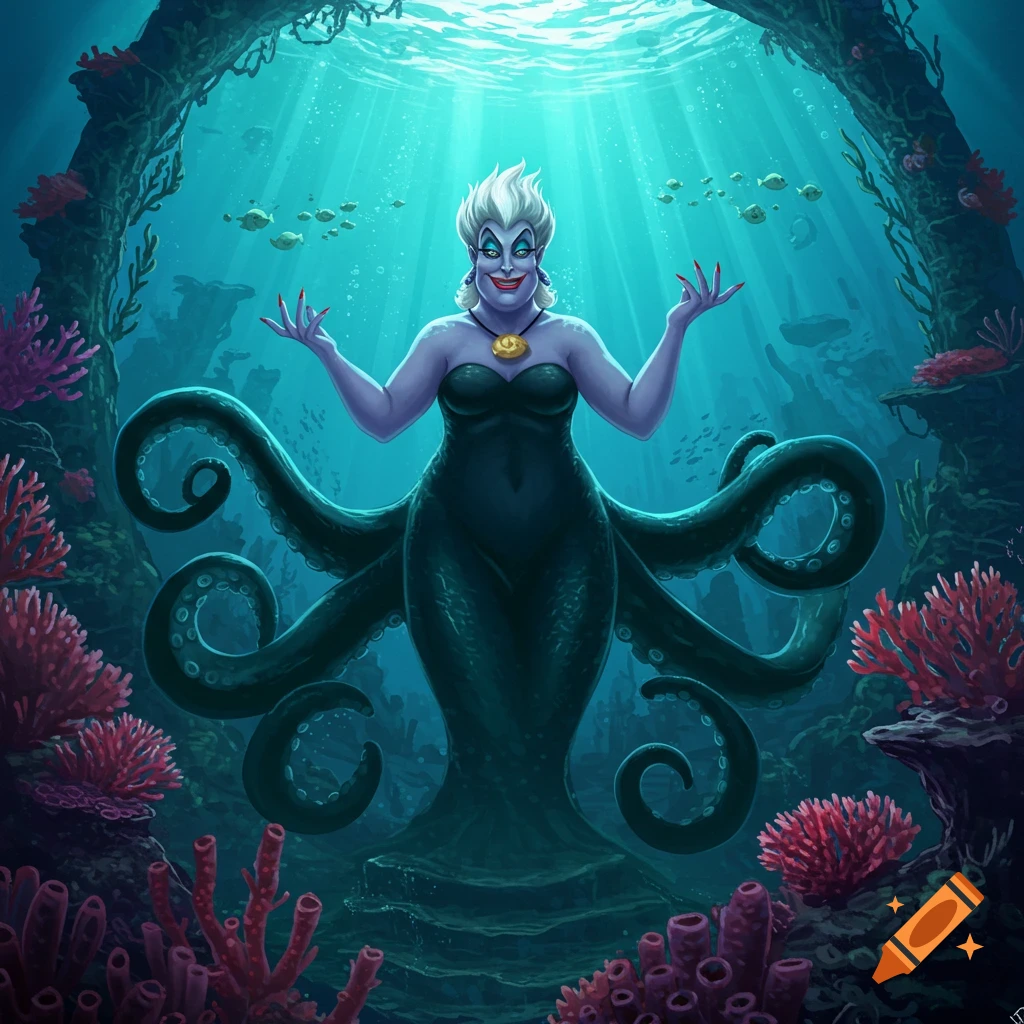 Purple-skinned Ursula, the sea witch, with white hair and black tentacles, stands in an animated underwater scene with coral.