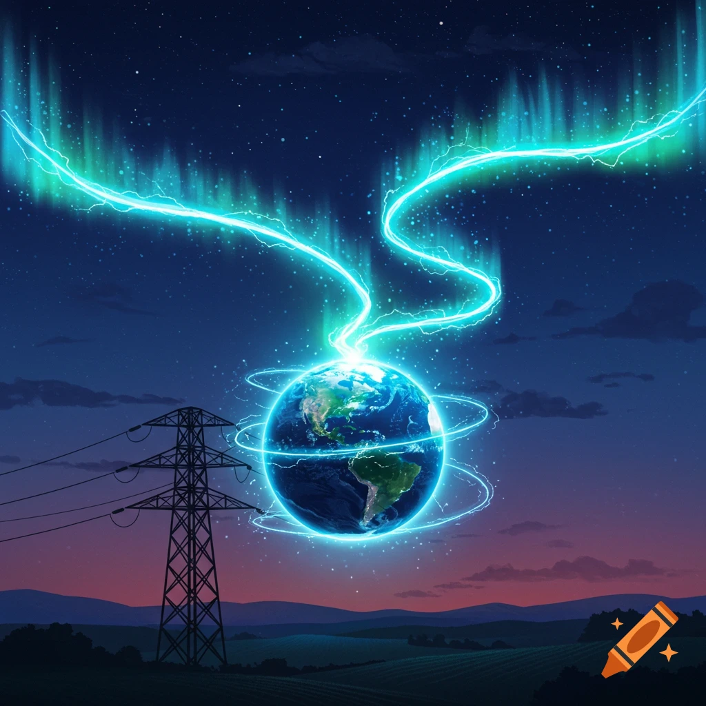 An illustration of Earth glowing with electric energy and aurora-like lights, with a power pylon in the foreground under a starry night sky.