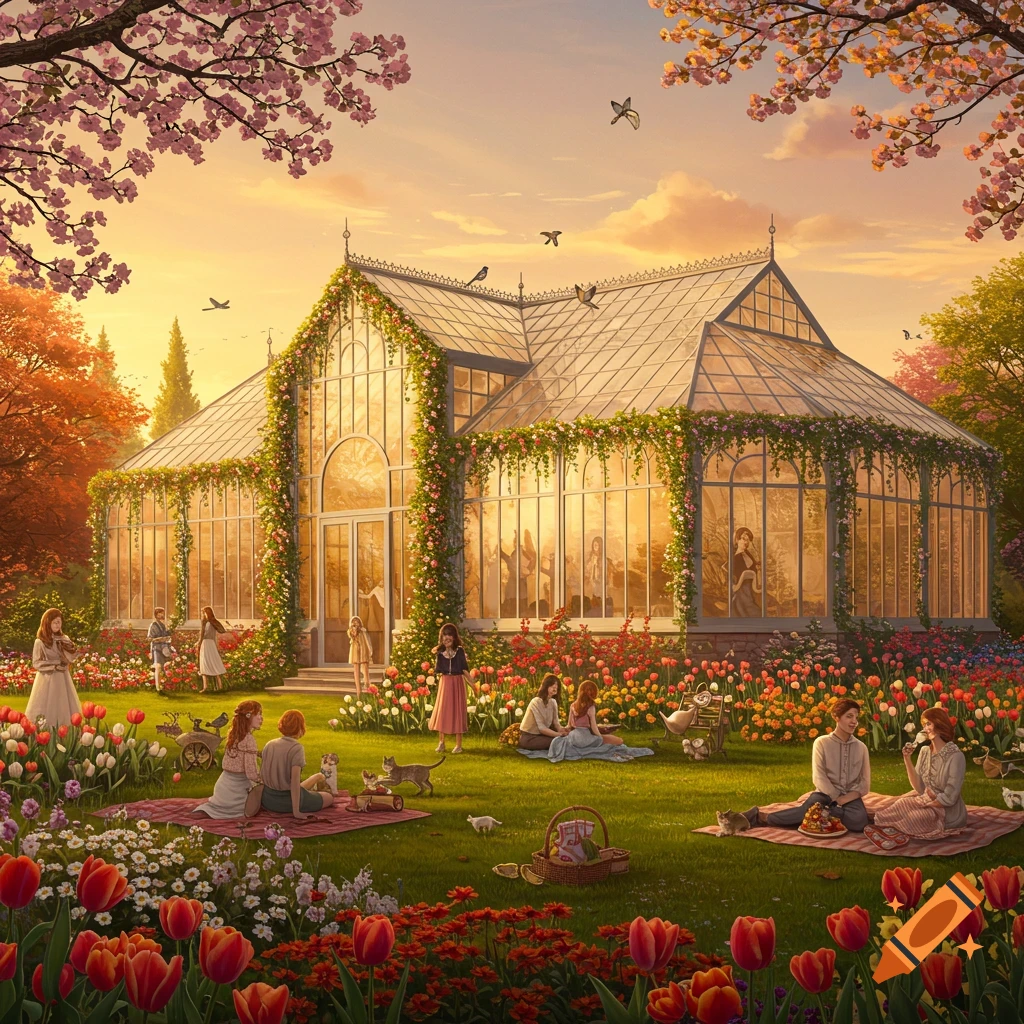 A vibrant garden scene at sunset with a grand glasshouse, cherry blossoms, tulips, and people picnicking with cats.