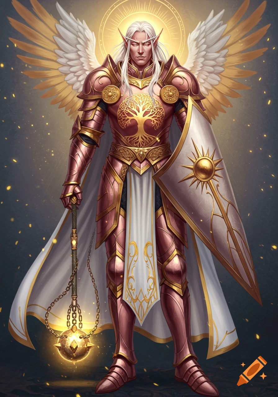 A regal high elf cleric in rose gold full plate armor, with white wings, a shield, and a glowing mace.